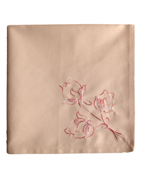 Embroidered napkin with plum colour thread on a light percale beige, made in France
