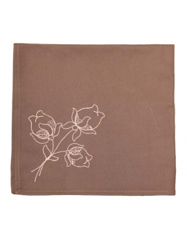 Napkin in pure cotton, dark beige color, embroidered with lotus flowers, made in France